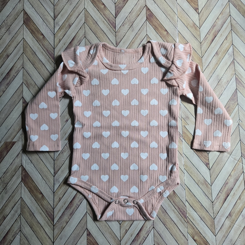 Baby Girl Ribbed Knit Long Sleeve Pink Romper with Heart Print & Shoulder Ruffle